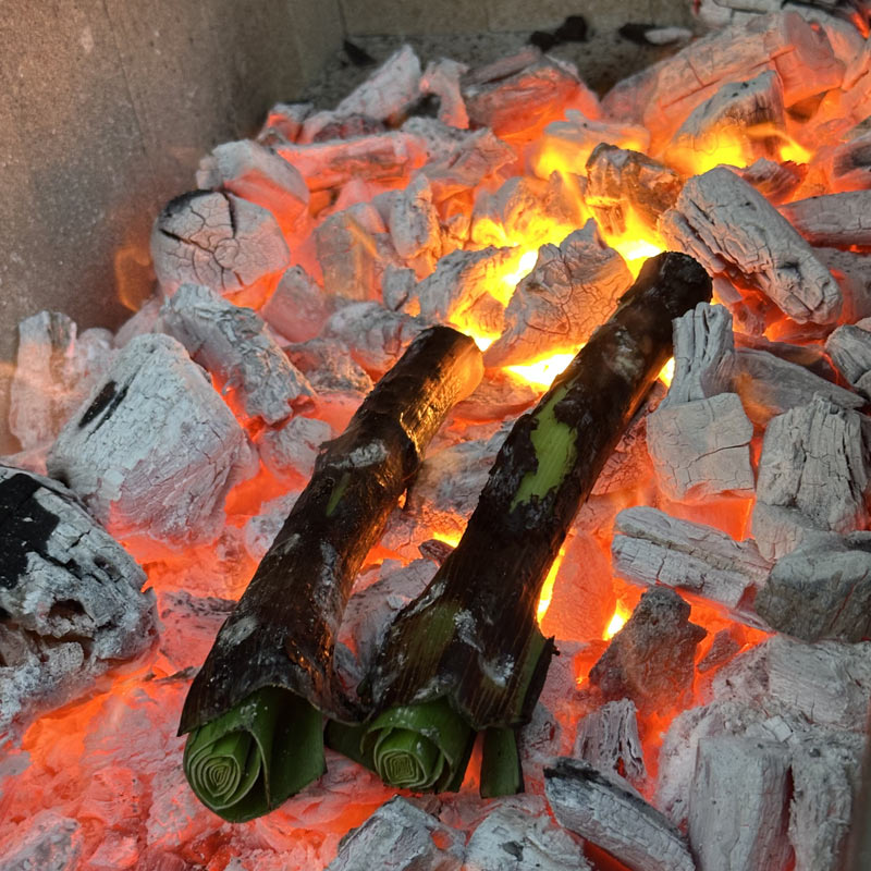 Dirty leeks cooking directly in embers